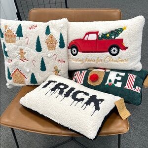 Festive Holiday Pillow Set with Red Truck and Gingerbread Design